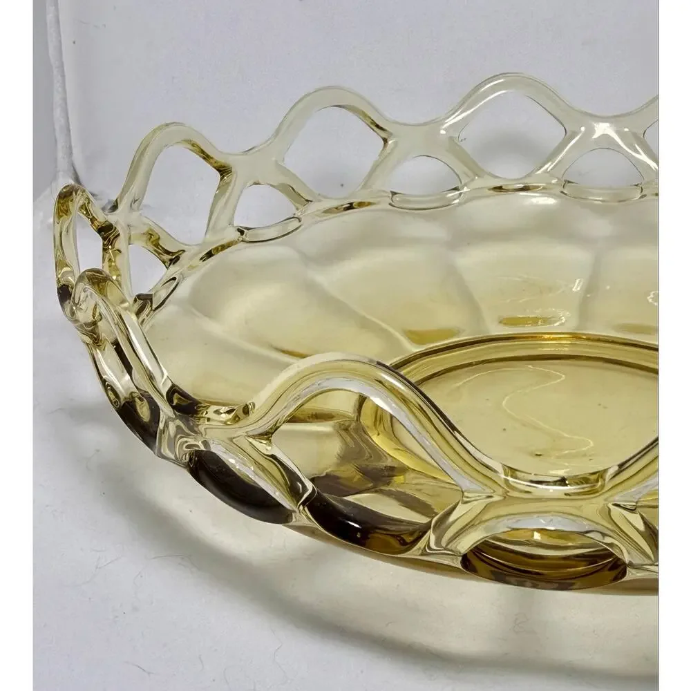 Vintage Imperial Glass Amber Laced Edge Open Lace Serving Bowl 9” Mid Century